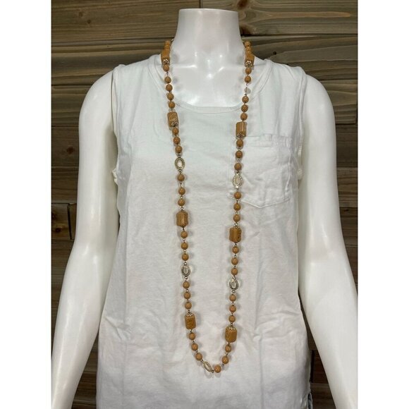 Vintage 70s Retro Beaded Necklace Brown Metal 48" 1970s - Picture 1 of 2